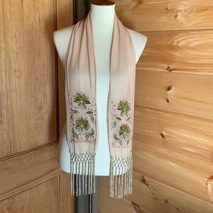 Long scarf with embroidery and bead flowers and fringe
